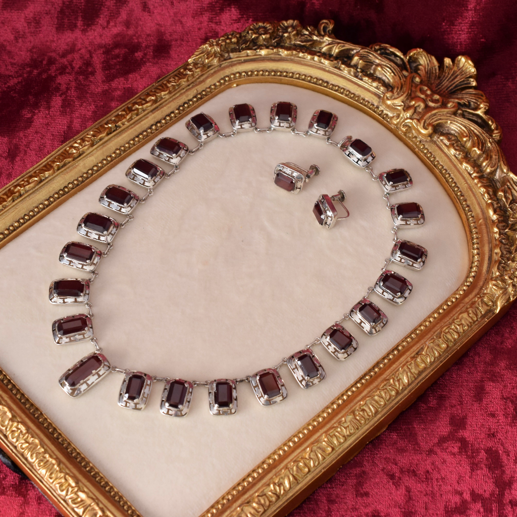 Vintage Sterling Silver And Garnet Necklace And Earrings Germany Circa 1960’s