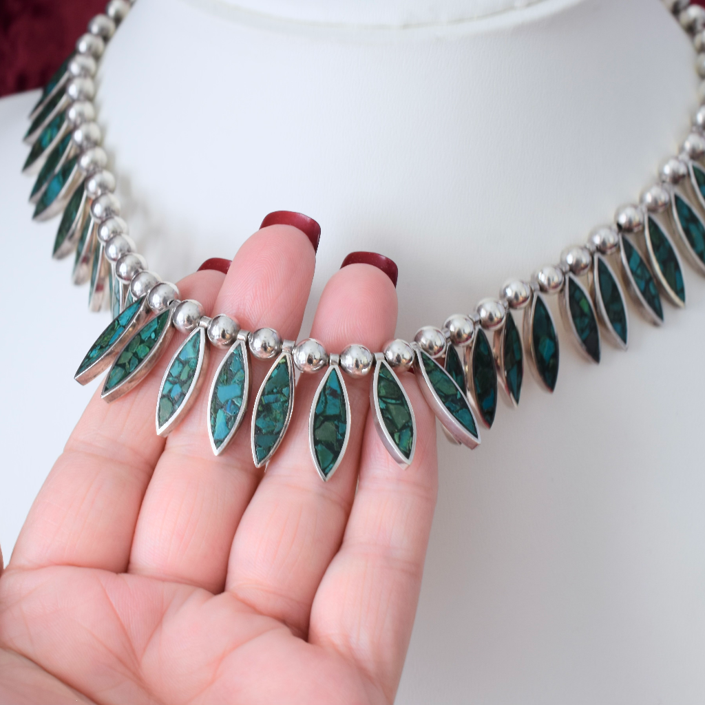 Vintage Sterling Silver Taxco Mexico Turquoise Collar - 84 Grams