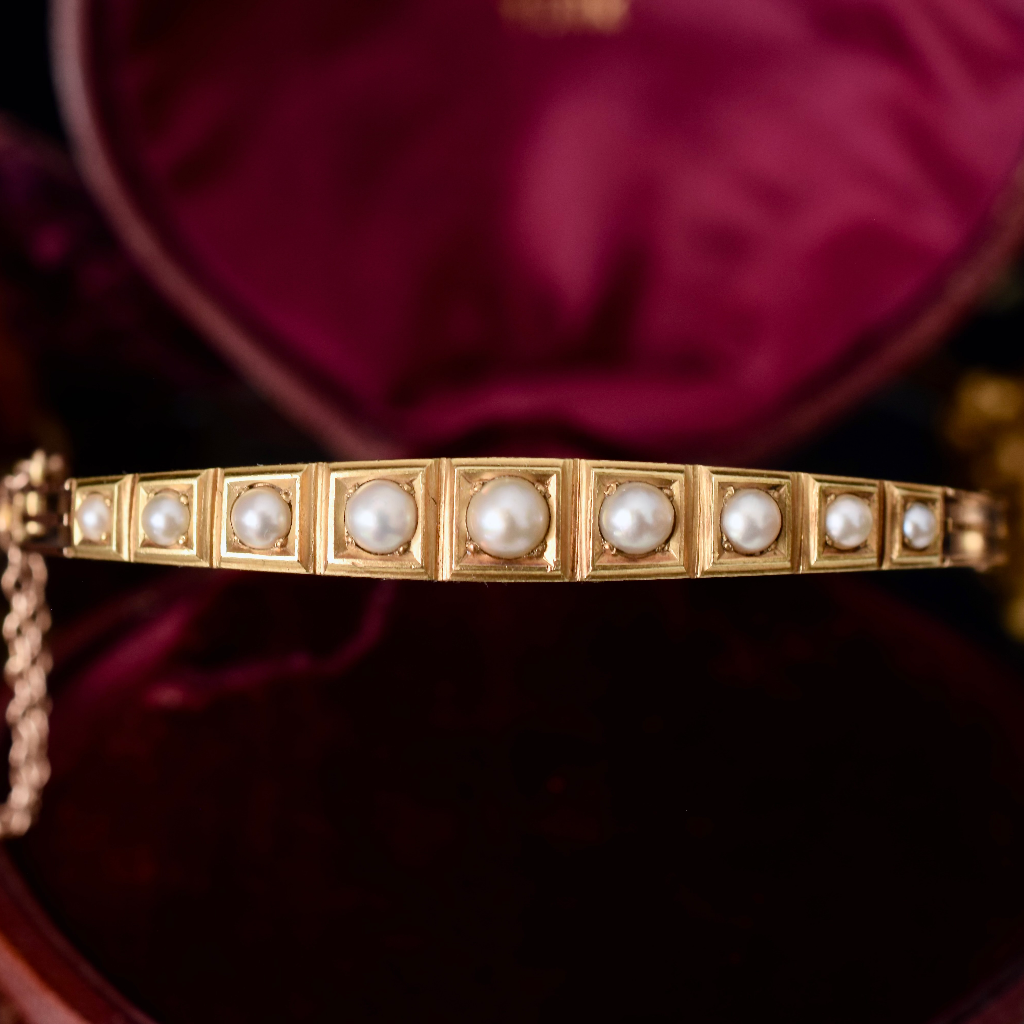 Antique Victorian 18ct Yellow Gold Natural Half Pearl Bangle Circa 1880