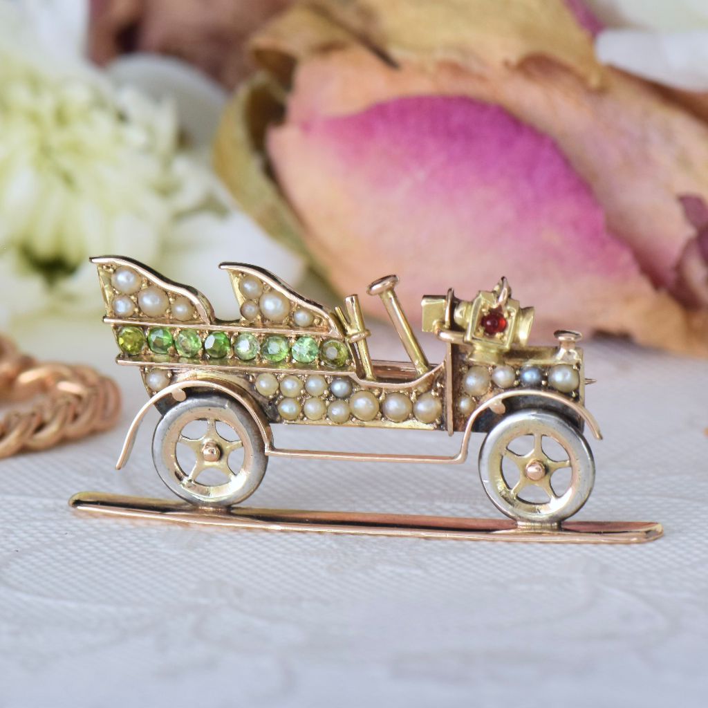 Antique Art Deco 12ct Rose Gold ‘Oldsmobile Model Z’ Peridot Seed Pearl Car Brooch Circa 1910
