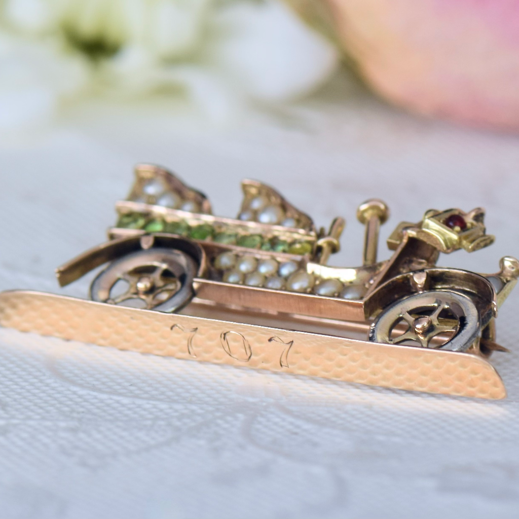 Antique Art Deco 12ct Rose Gold ‘Oldsmobile Model Z’ Peridot Seed Pearl Car Brooch Circa 1910