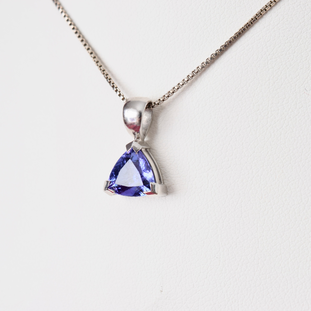 Modern 9ct White Gold And Trilliant-Cut Tanzanite Pendant