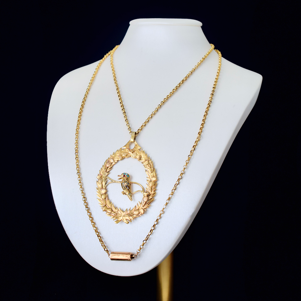Antique Australian 9ct Yellow Gold Kookaburra And Thistle Pendant By Aronson & Co Circa 1900