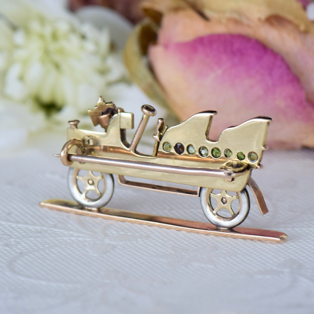 Antique Art Deco 12ct Rose Gold ‘Oldsmobile Model Z’ Peridot Seed Pearl Car Brooch Circa 1910