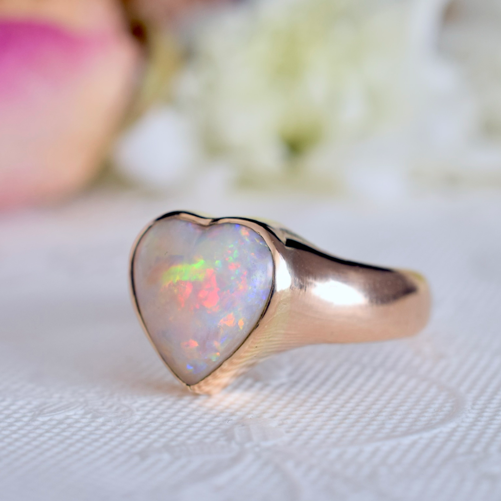 Antique Australian 18ct Rose Gold Heart Shaped Solid Dark Opal Ring Circa 1900-1920