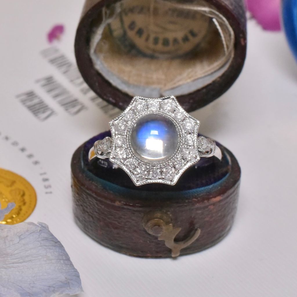 Modern 14ct White Gold Moonstone And Diamond Halo Ring
