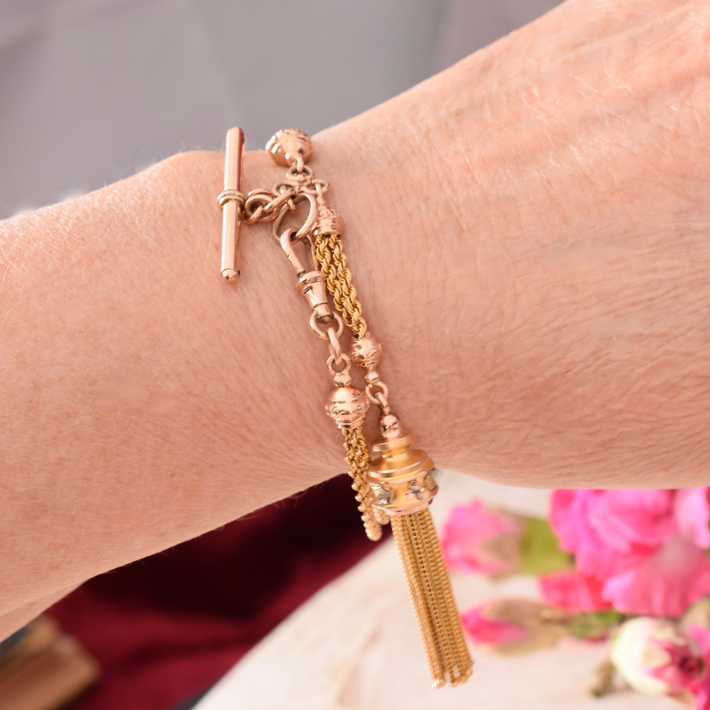 Antique 15ct Two Tone Rose And Yellow Albertina Tassel Bracelet