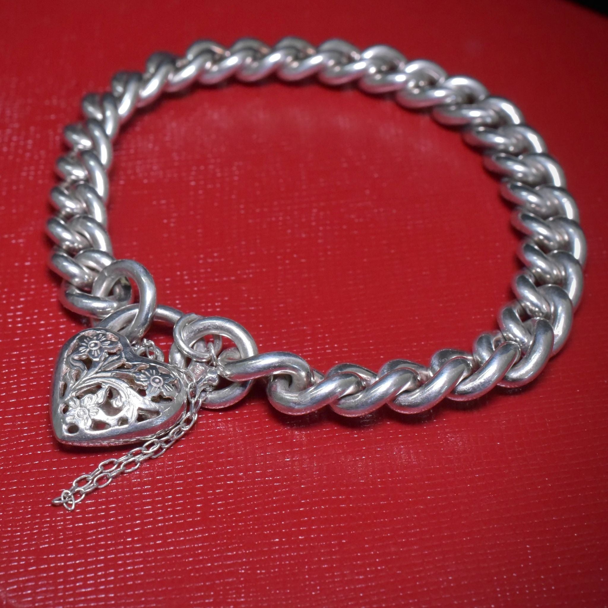 Vintage Sterling Silver Curb-Link Bracelet With Heart Floral Padlock Clasp