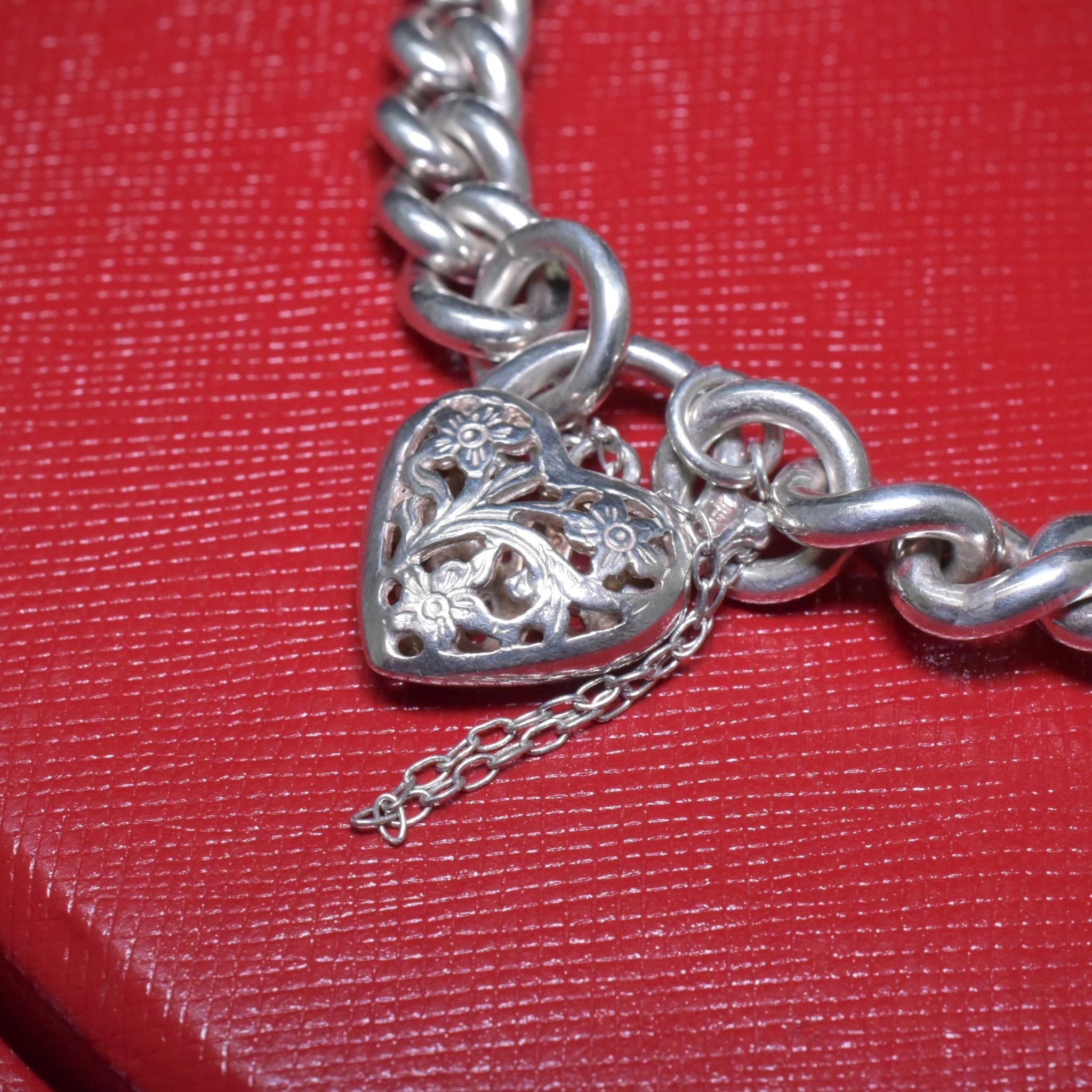 Vintage Sterling Silver Curb-Link Bracelet With Heart Floral Padlock Clasp