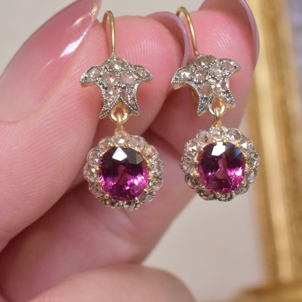 Modern Antique Style 14ct Yellow Gold And Silver Gilt Rhodolite Garnet And Diamond Drop Earrings