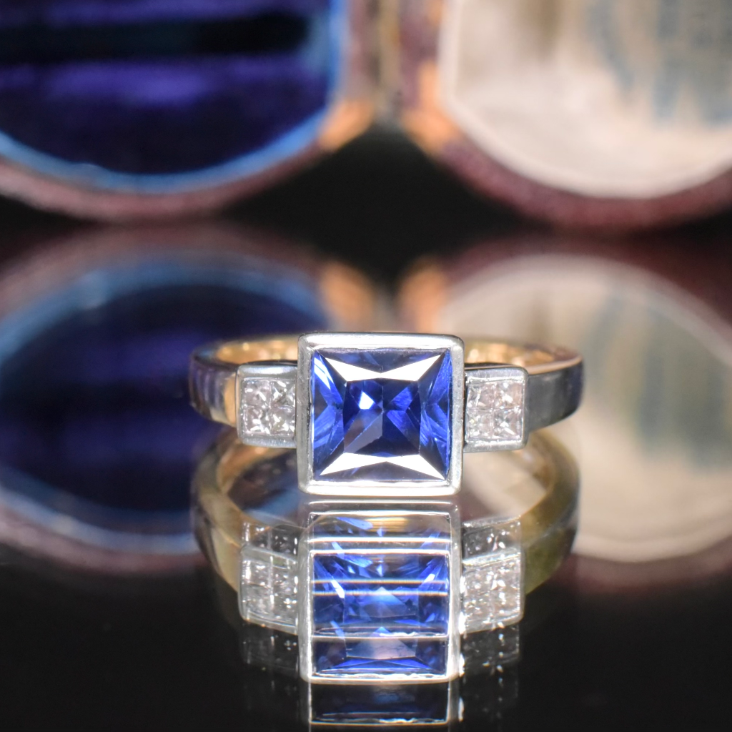 Modern 9ct Yellow Gold Created Sapphire And Diamond Ring