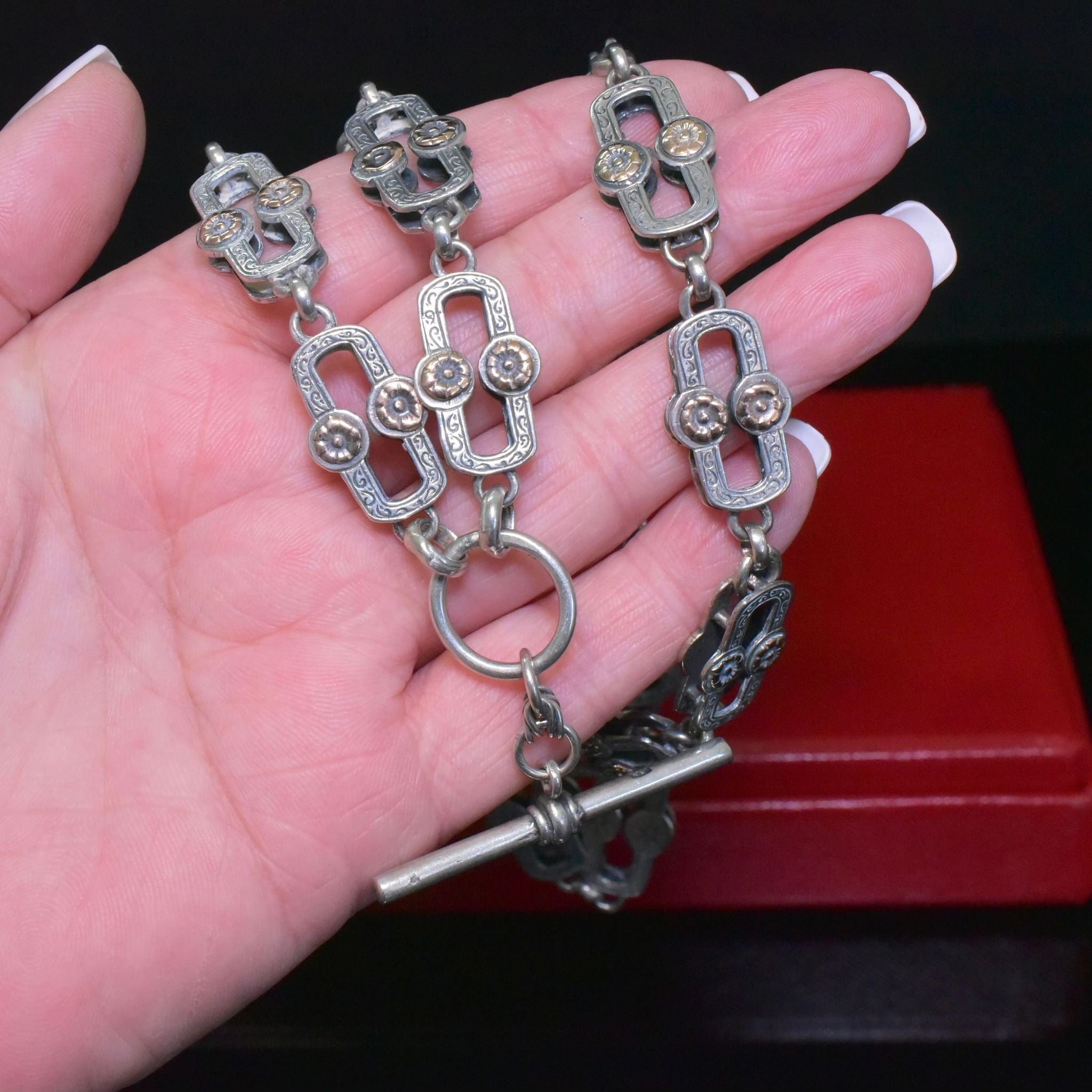 Vintage Australian Sterling Silver - 9ct Gold Accents - ‘Day And Night’ Antique Style Fob Chain