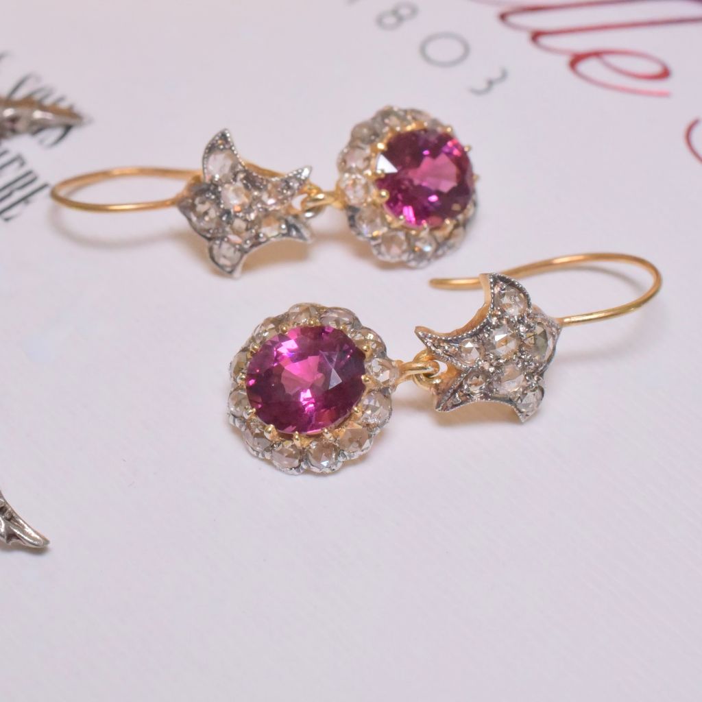 Modern Antique Style 14ct Yellow Gold And Silver Gilt Rhodolite Garnet And Diamond Drop Earrings