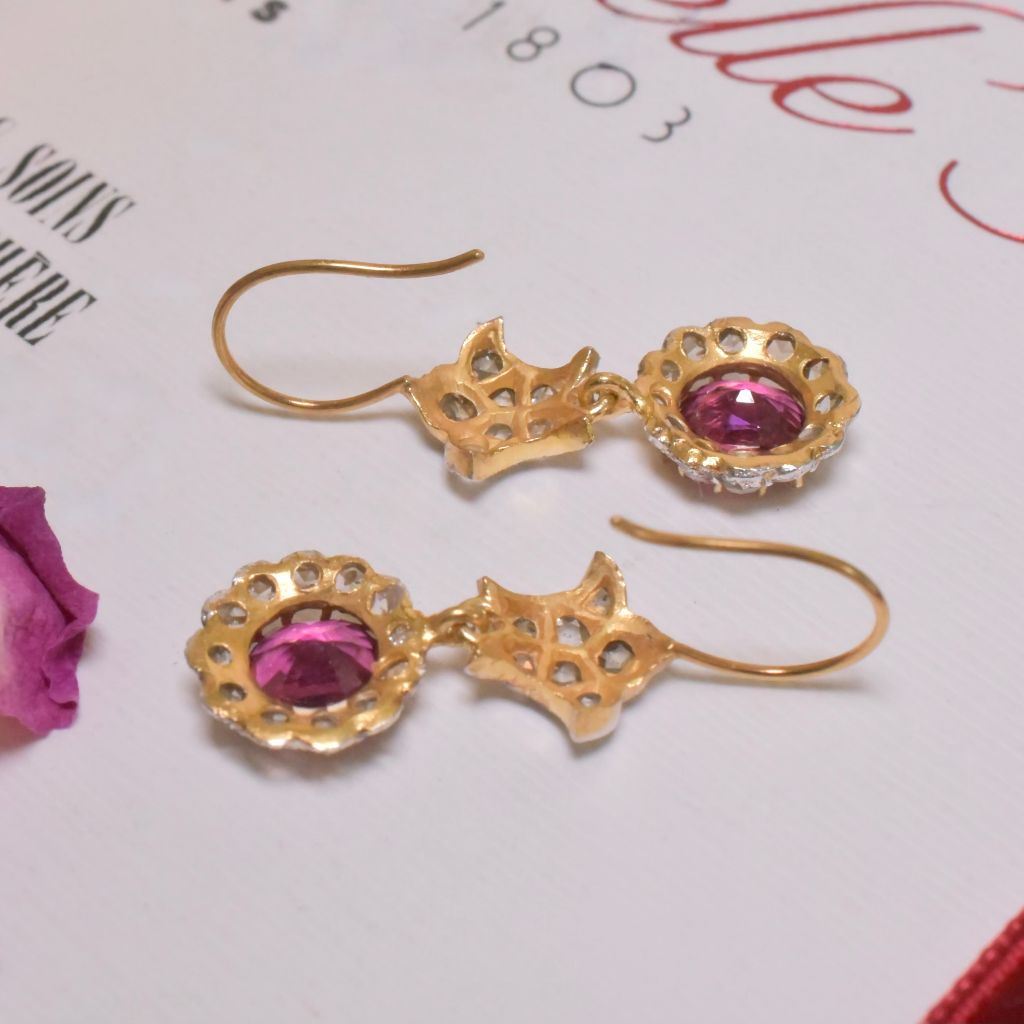 Modern Antique Style 14ct Yellow Gold And Silver Gilt Rhodolite Garnet And Diamond Drop Earrings