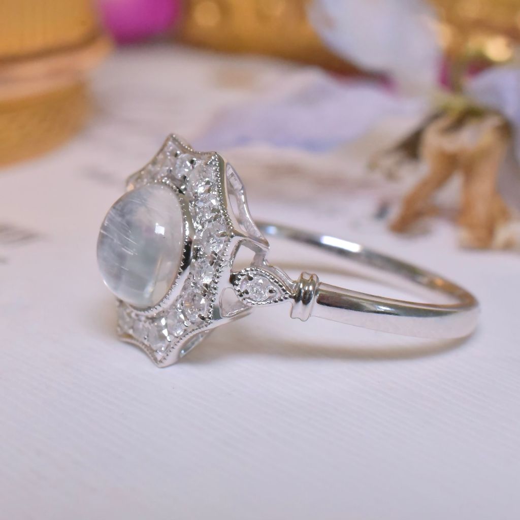 Modern 14ct White Gold Moonstone And Diamond Halo Ring