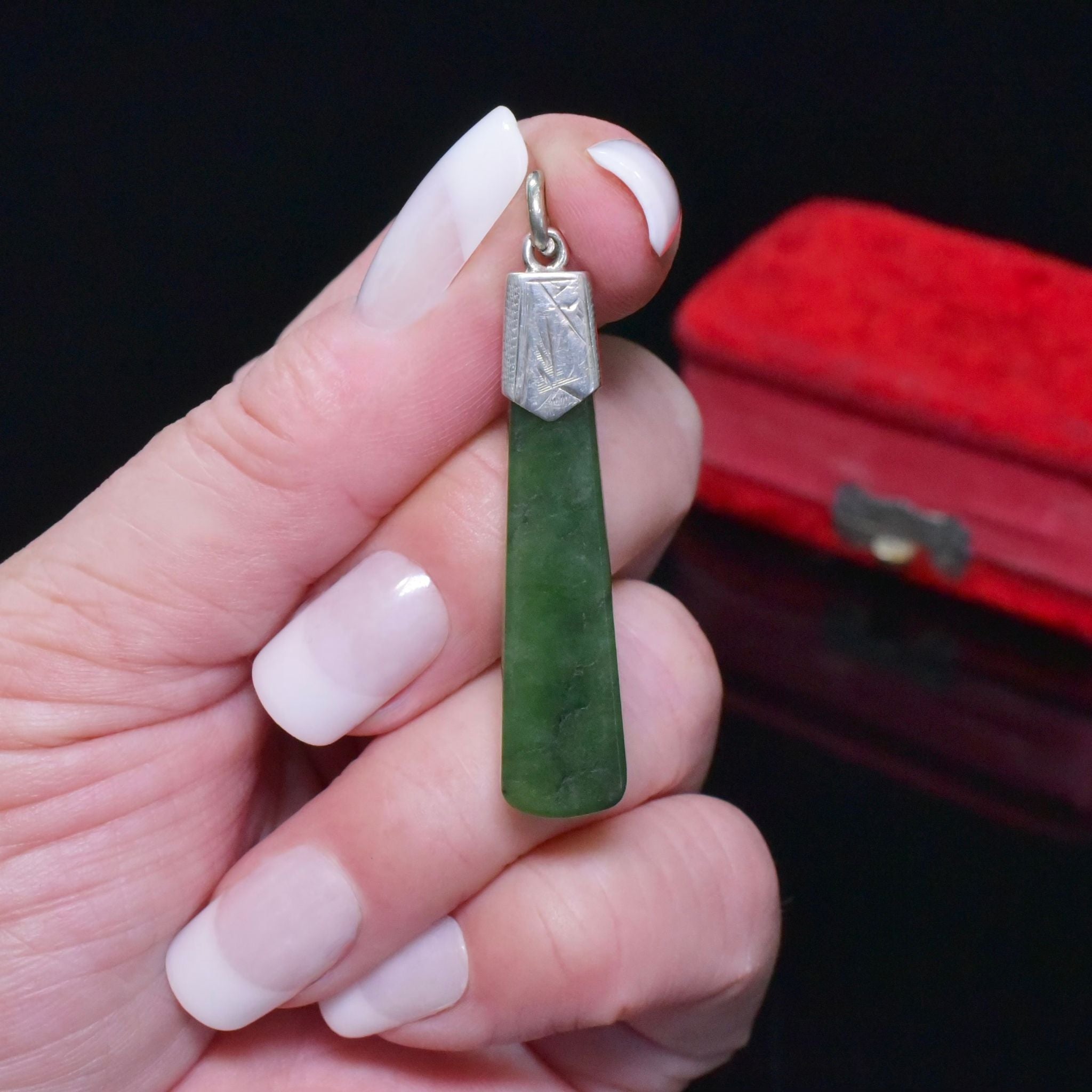 Antique Edwardian Sterling Silver Nephrite Jade Fob Pendant Circa 1900-1910