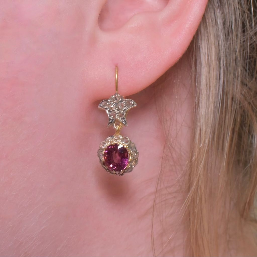 Modern Antique Style 14ct Yellow Gold And Silver Gilt Rhodolite Garnet And Diamond Drop Earrings