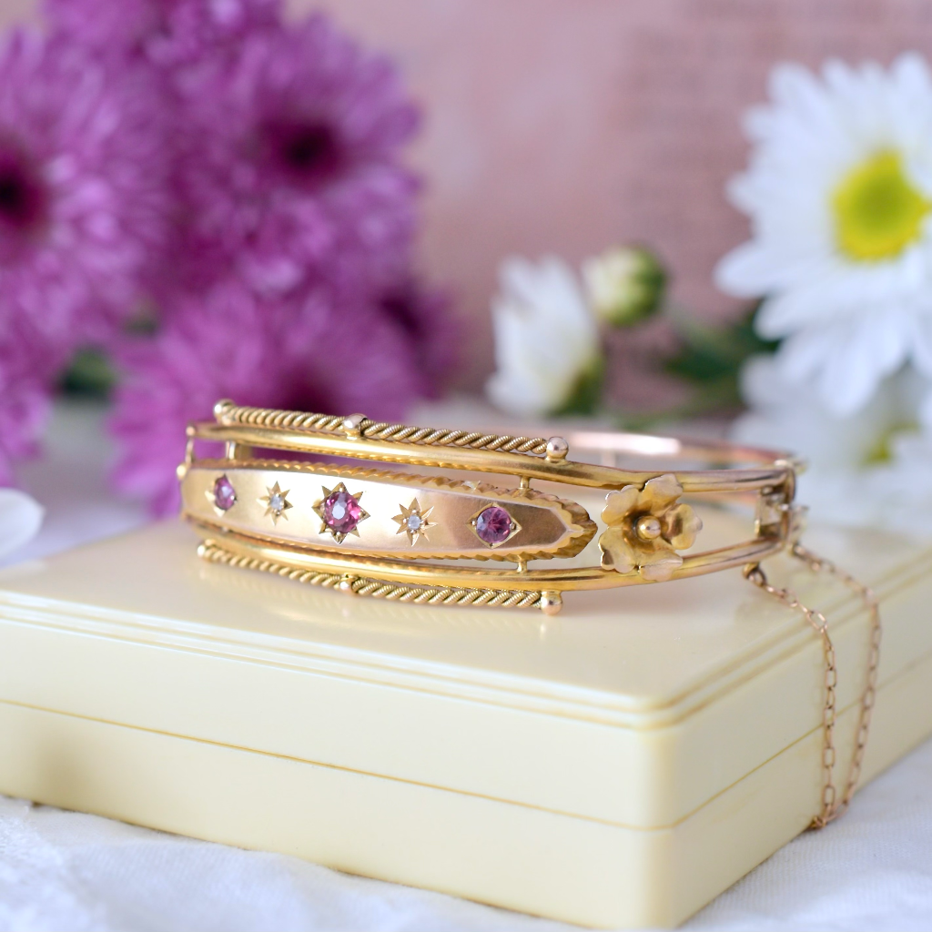 Antique Australian 9ct Rose Gold Garnet And Diamond Bangle Circa 1905