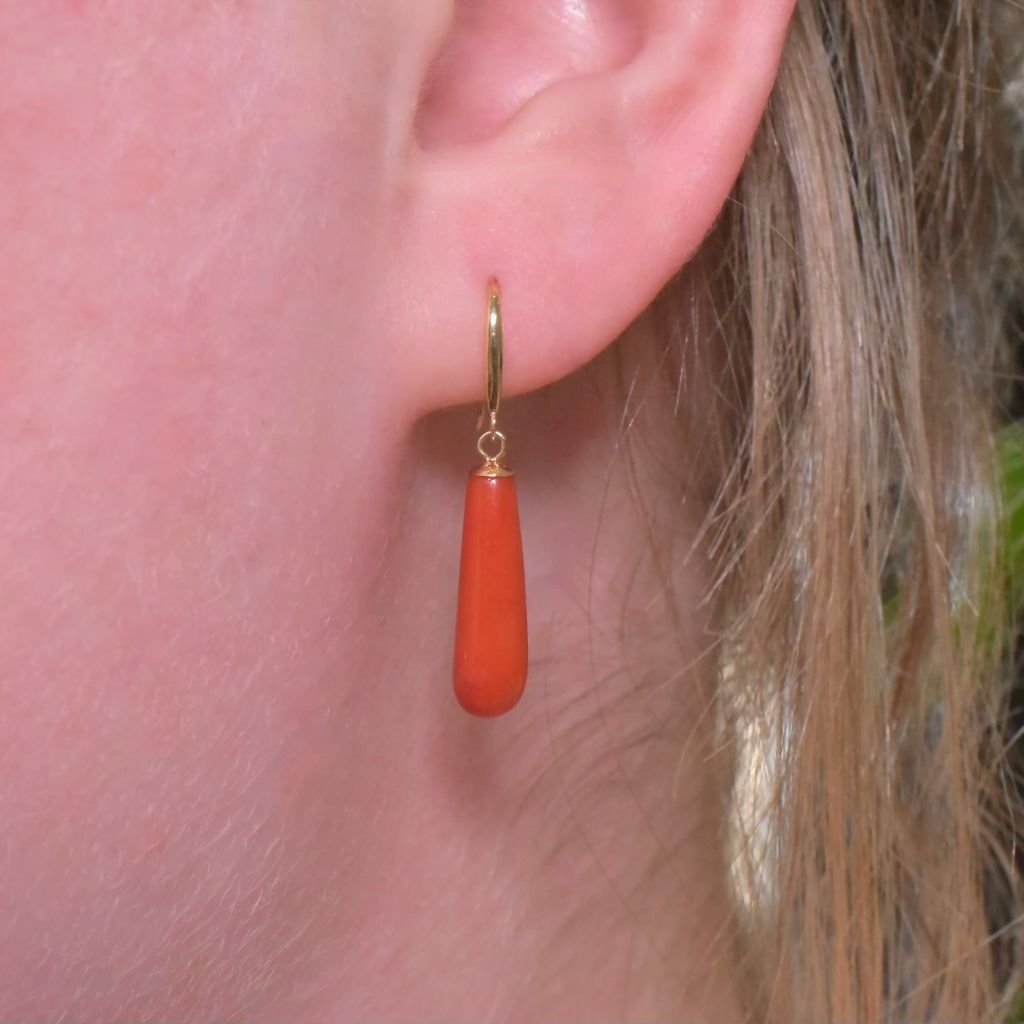 Contemporary 18ct Gold Red Coral Torpedo Drop Earrings