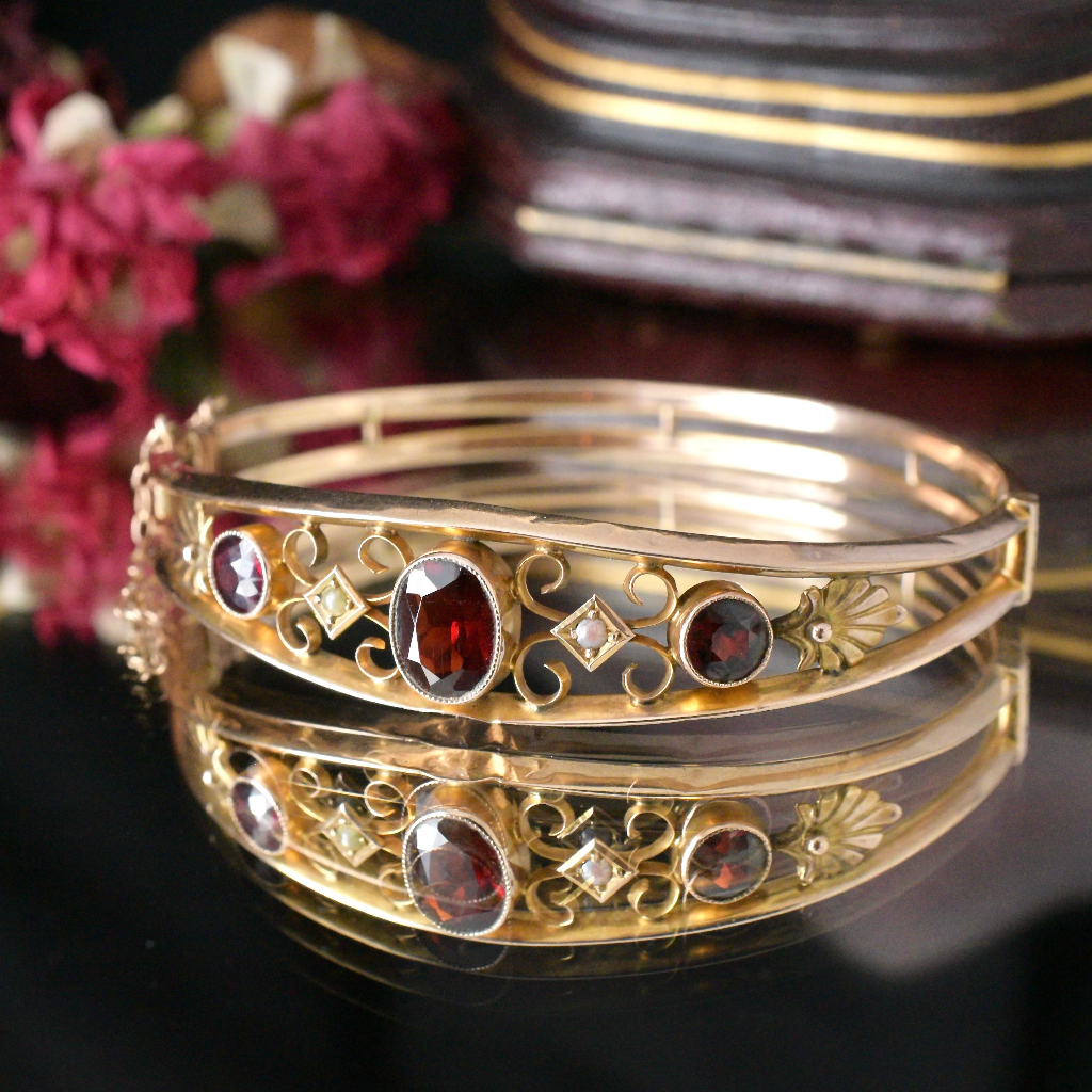 Antique Australian 9ct Rose Gold Garnet And Seed Pearl Bangle Circa 1910