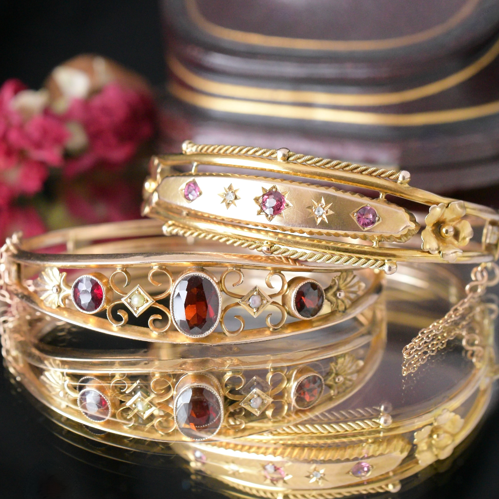Antique Australian 9ct Rose Gold Garnet And Seed Pearl Bangle Circa 1910