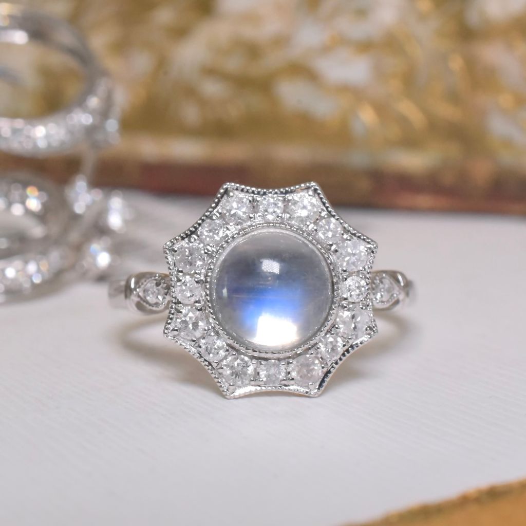 Modern 14ct White Gold Moonstone And Diamond Halo Ring