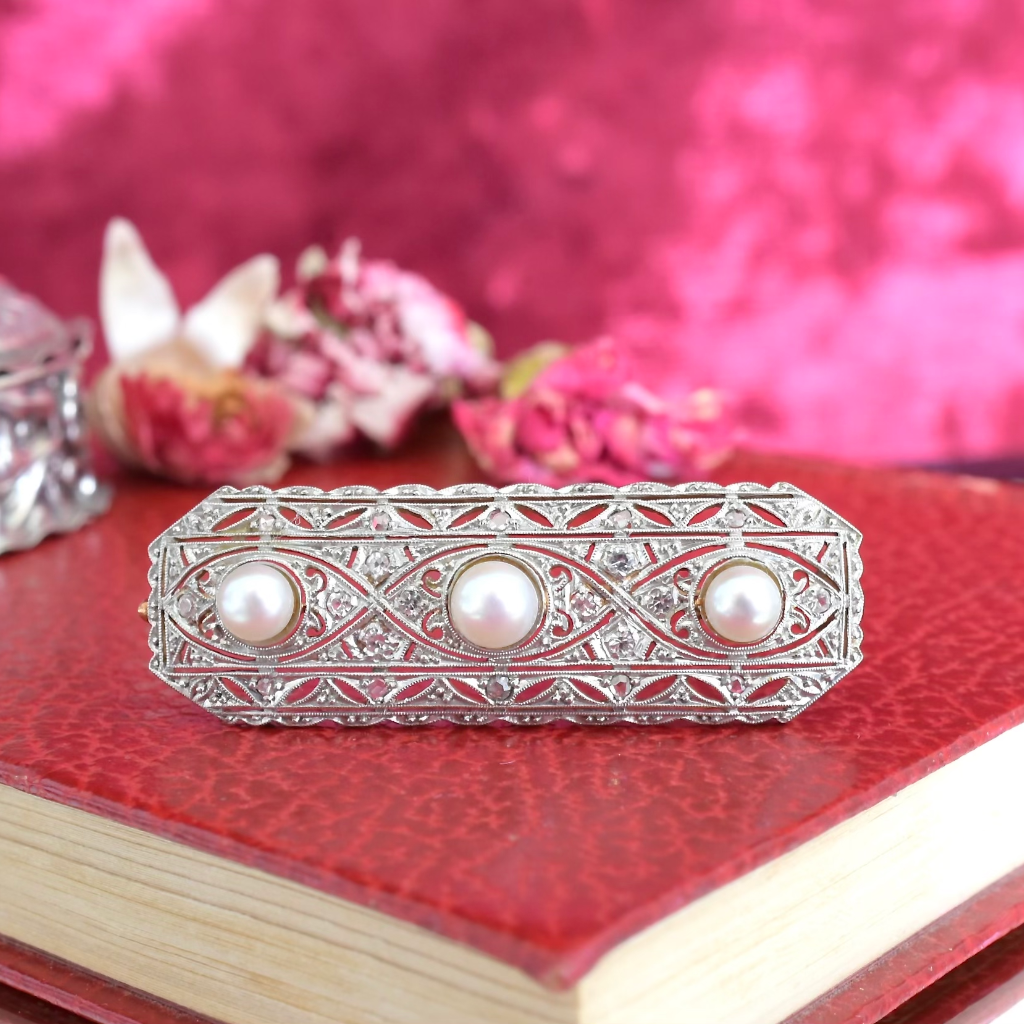 Antique Art Deco Platinum And Gold Pearl And Diamond Brooch Circa 1930's