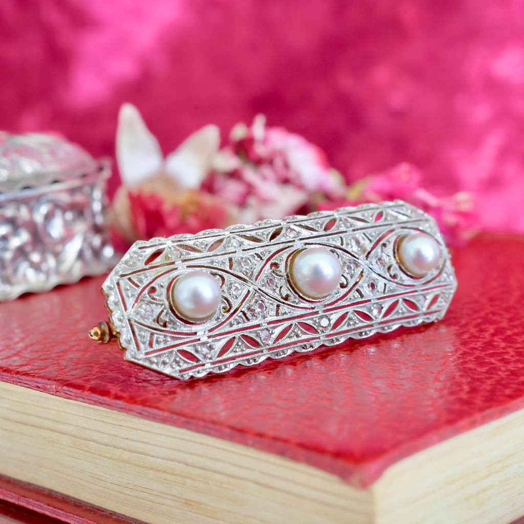 Antique Art Deco Platinum And Gold Pearl And Diamond Brooch Circa 1930's