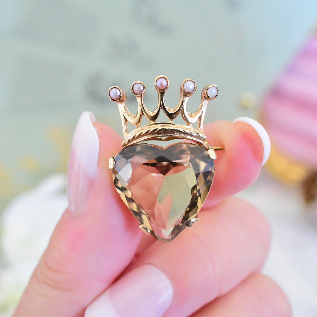 Vintage 9ct Rose Gold Smoky Quartz Seed Pearl ‘Crowned Heart’ Brooch - Birmingham 1970