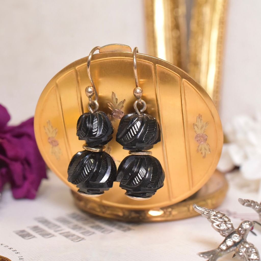 Antique Victorian 9ct Yellow Gold Carved Whitby Jet Earrings Circa 1890