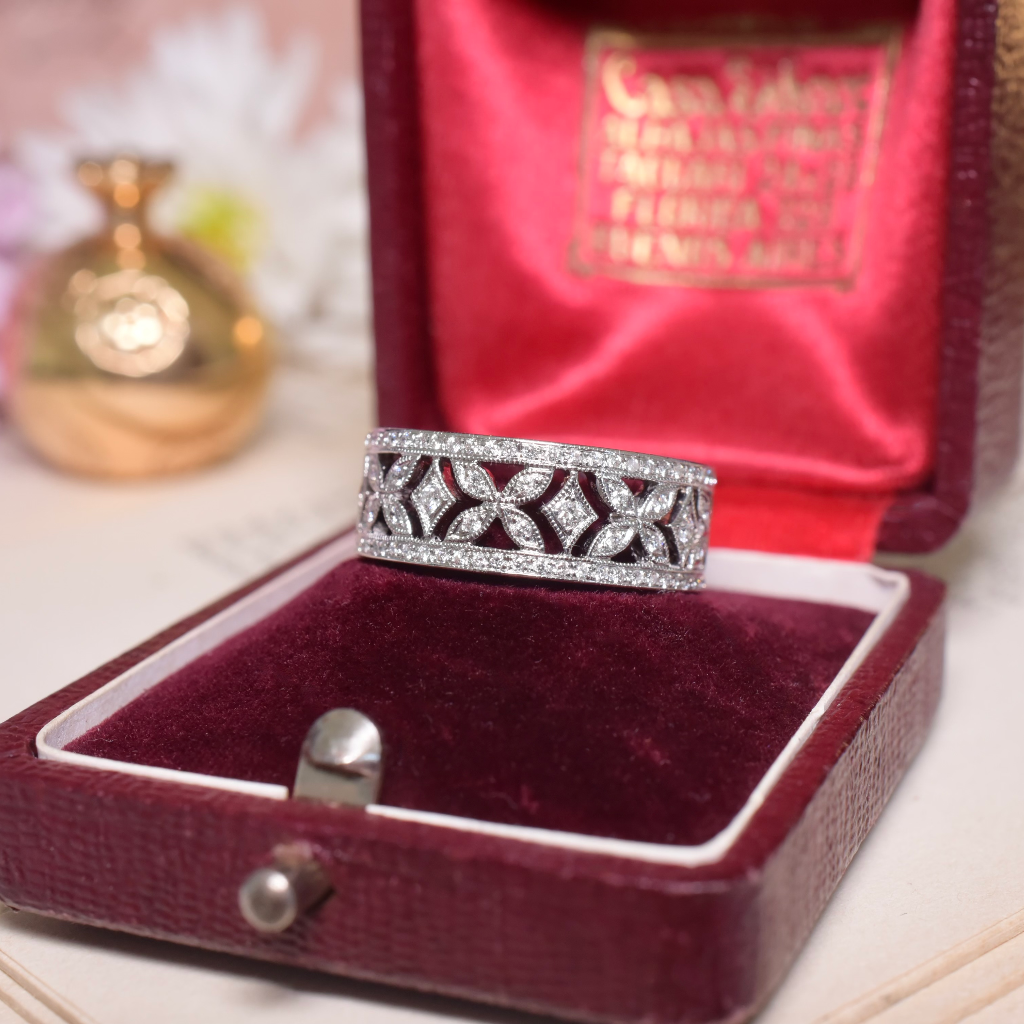Modern 18ct White Gold Floral Diamond Wide Ring