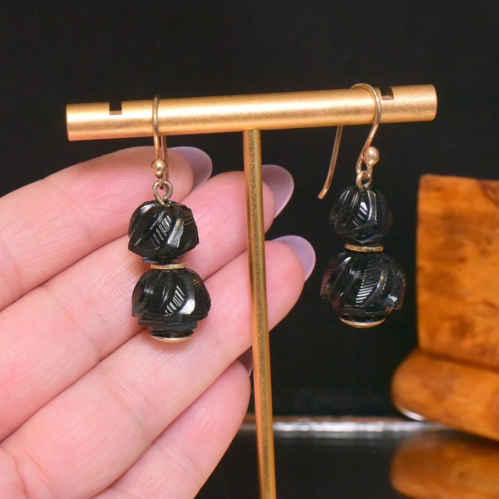 Antique Victorian 9ct Yellow Gold Carved Whitby Jet Earrings Circa 1890