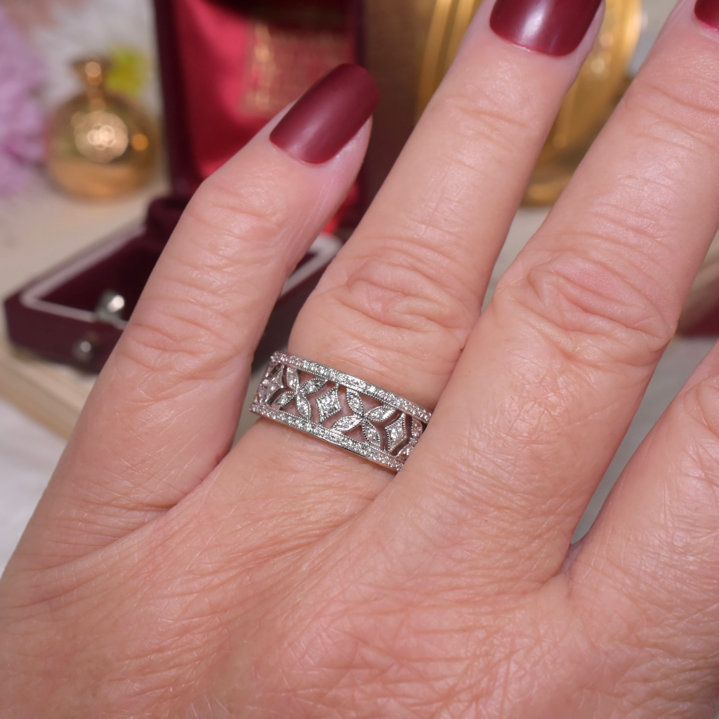 Modern 18ct White Gold Floral Diamond Wide Ring