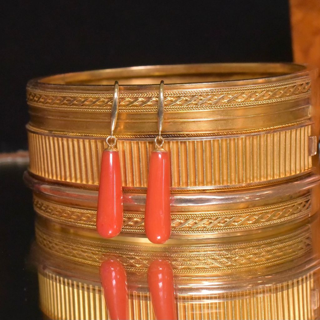 Contemporary 18ct Gold Red Coral Torpedo Drop Earrings