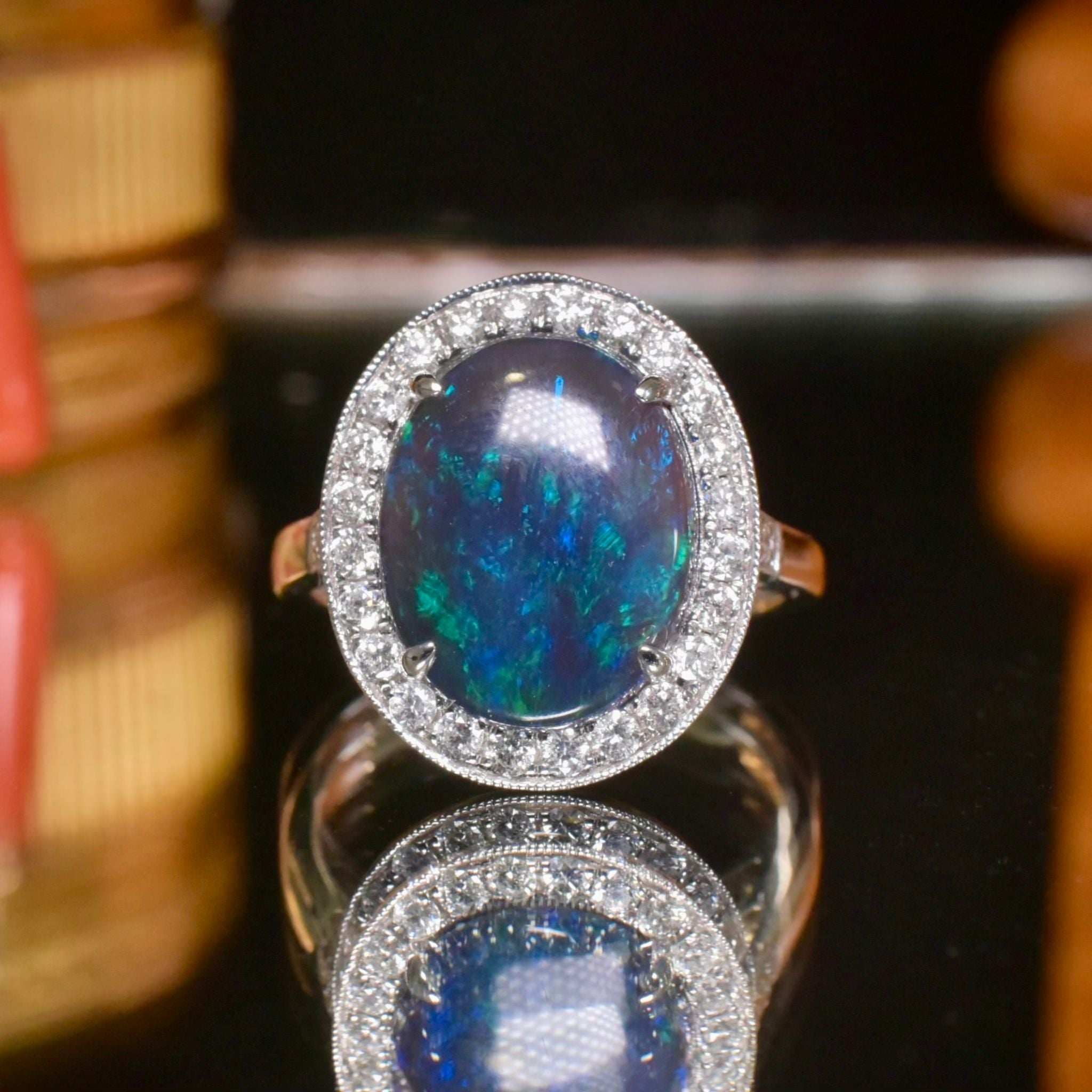 14ct White gold Solid Lightning Ridge Black Jelly Crystal Opal And Diamond Halo Ring