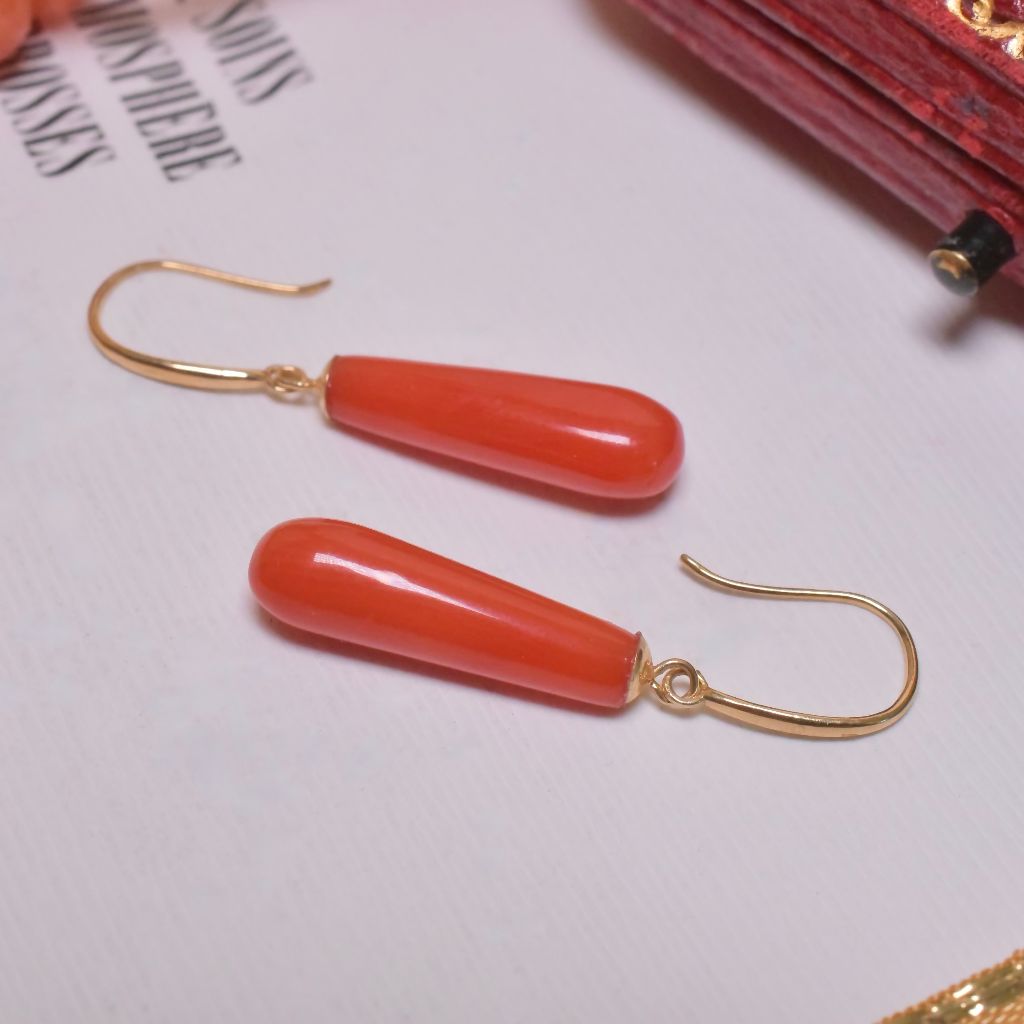 Contemporary 18ct Gold Red Coral Torpedo Drop Earrings