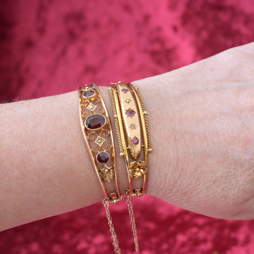 Antique Australian 9ct Rose Gold Garnet And Seed Pearl Bangle Circa 1910
