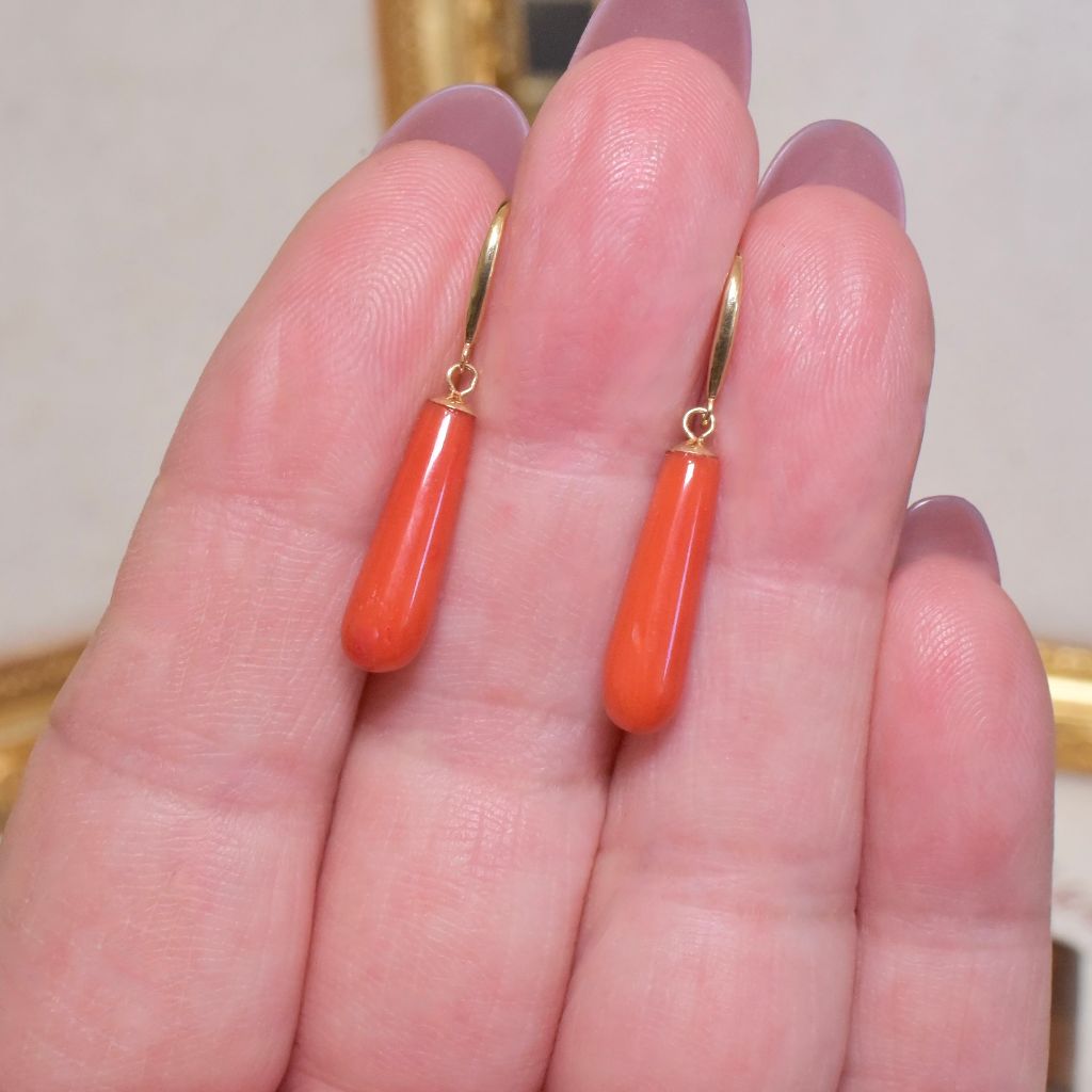 Contemporary 18ct Gold Red Coral Torpedo Drop Earrings
