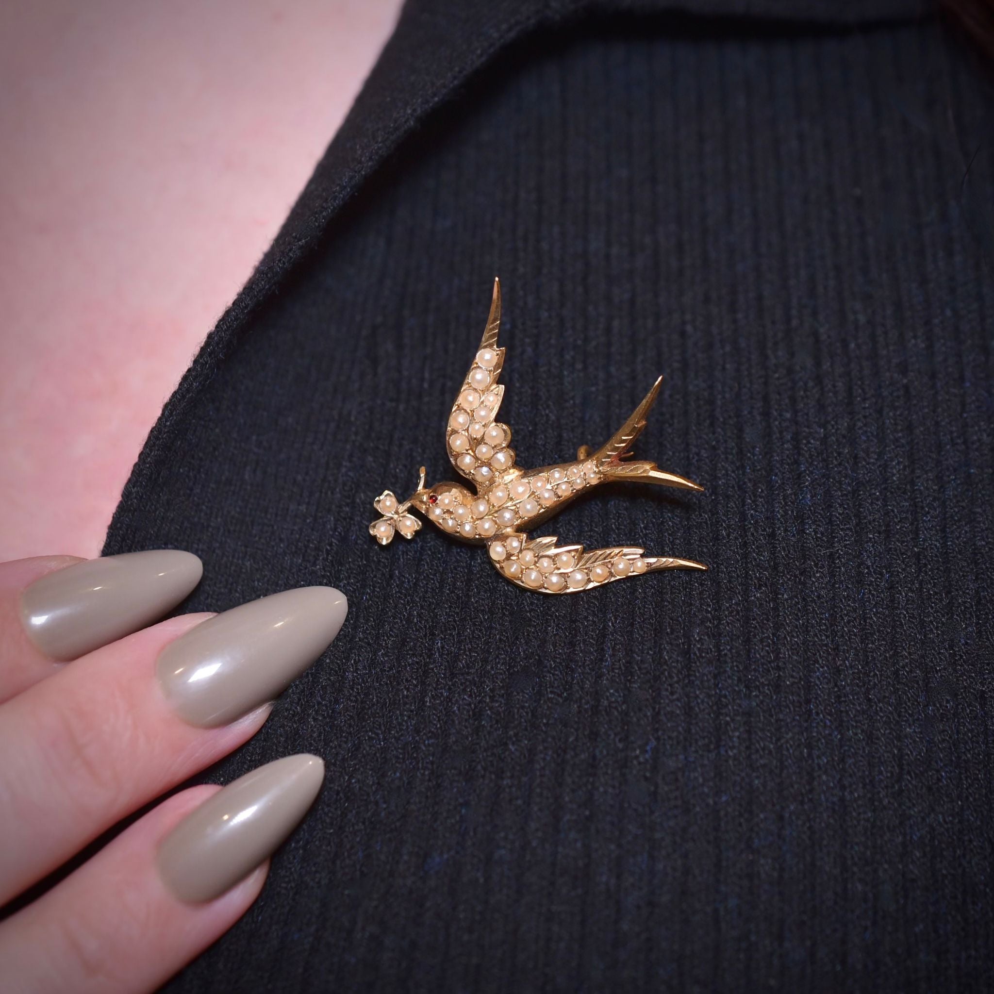 Antique Australian 15ct Rose Gold And Seed Pearl ‘Swallow of Luck’ Brooch Circa 1915