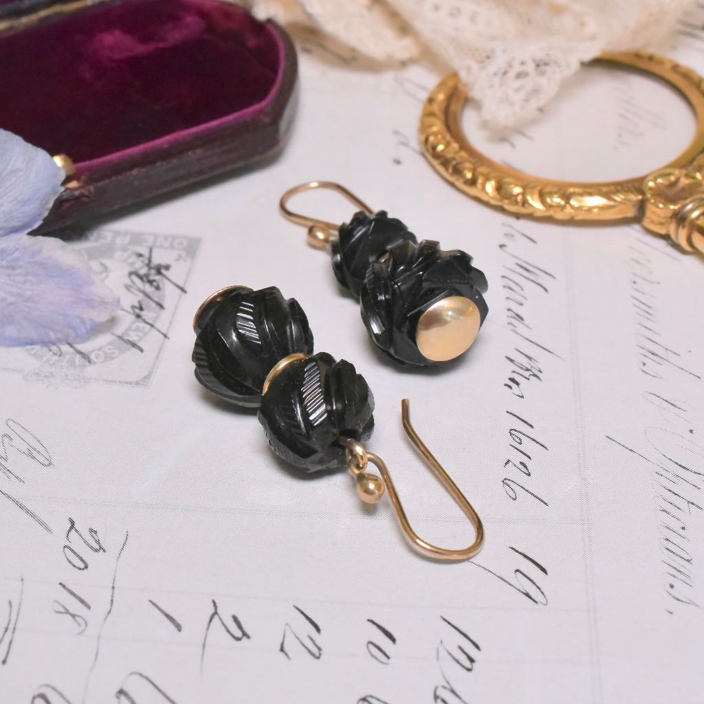 Antique Victorian 9ct Yellow Gold Carved Whitby Jet Earrings Circa 1890