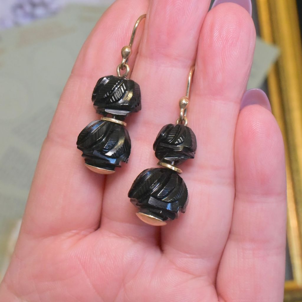 Antique Victorian 9ct Yellow Gold Carved Whitby Jet Earrings Circa 1890