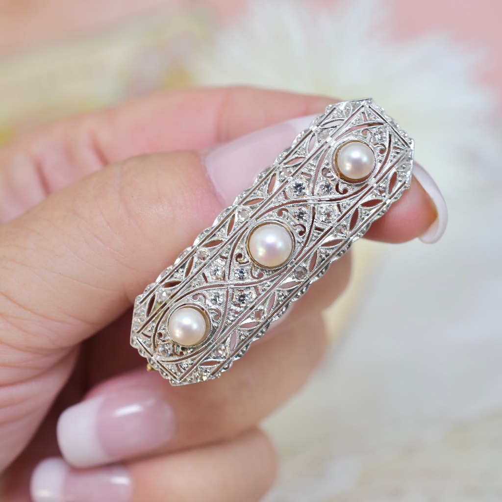Antique Art Deco Platinum And Gold Pearl And Diamond Brooch Circa 1930's