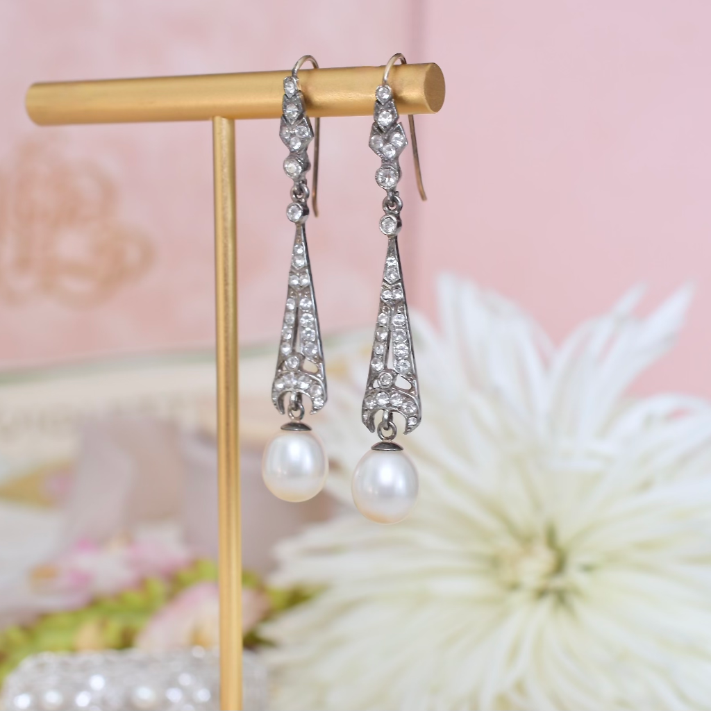 Antique Art Deco Sterling Silver Paste (Glass) And Pearl Long Drop Earrings Circa 1920’S