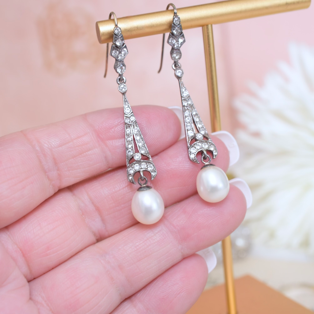 Antique Art Deco Sterling Silver Paste (Glass) And Pearl Long Drop Earrings Circa 1920’S