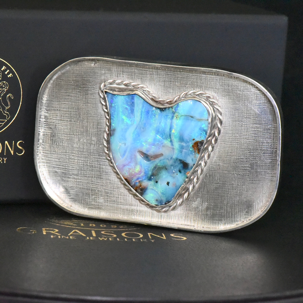 Vintage Australian Mid Century Sterling Silver Boulder Opal Belt Buckle