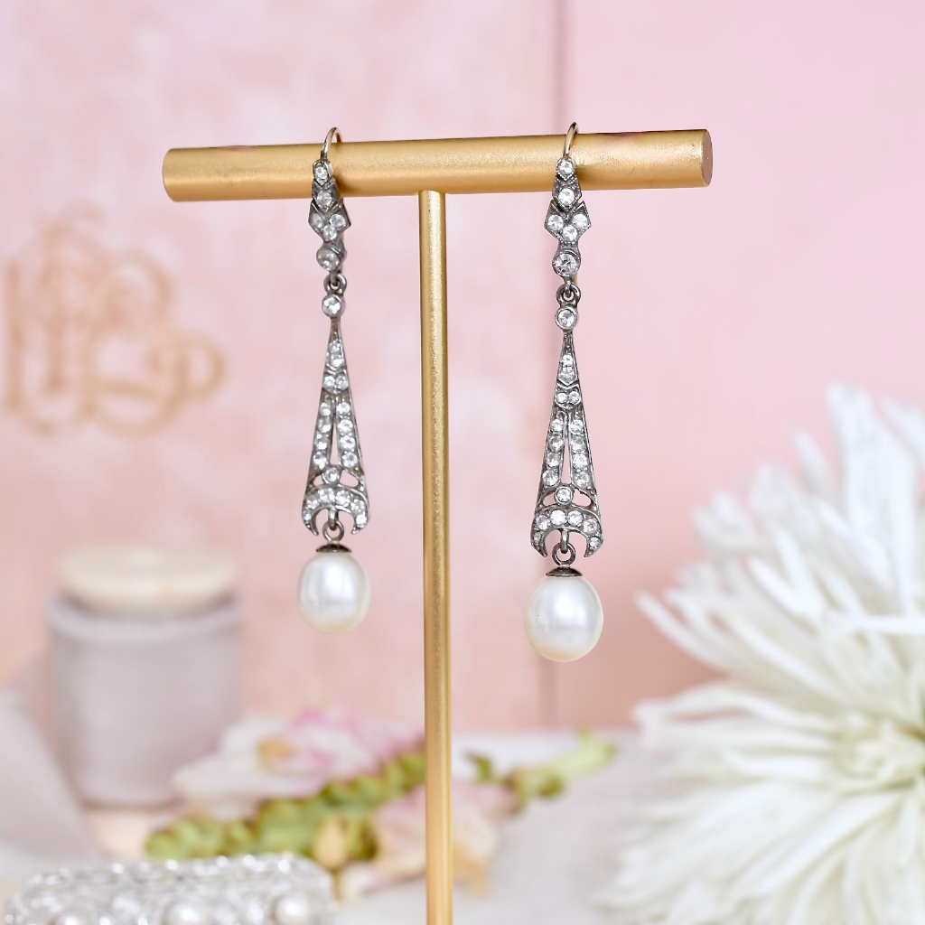 Antique Art Deco Sterling Silver Paste (Glass) And Pearl Long Drop Earrings Circa 1920’S