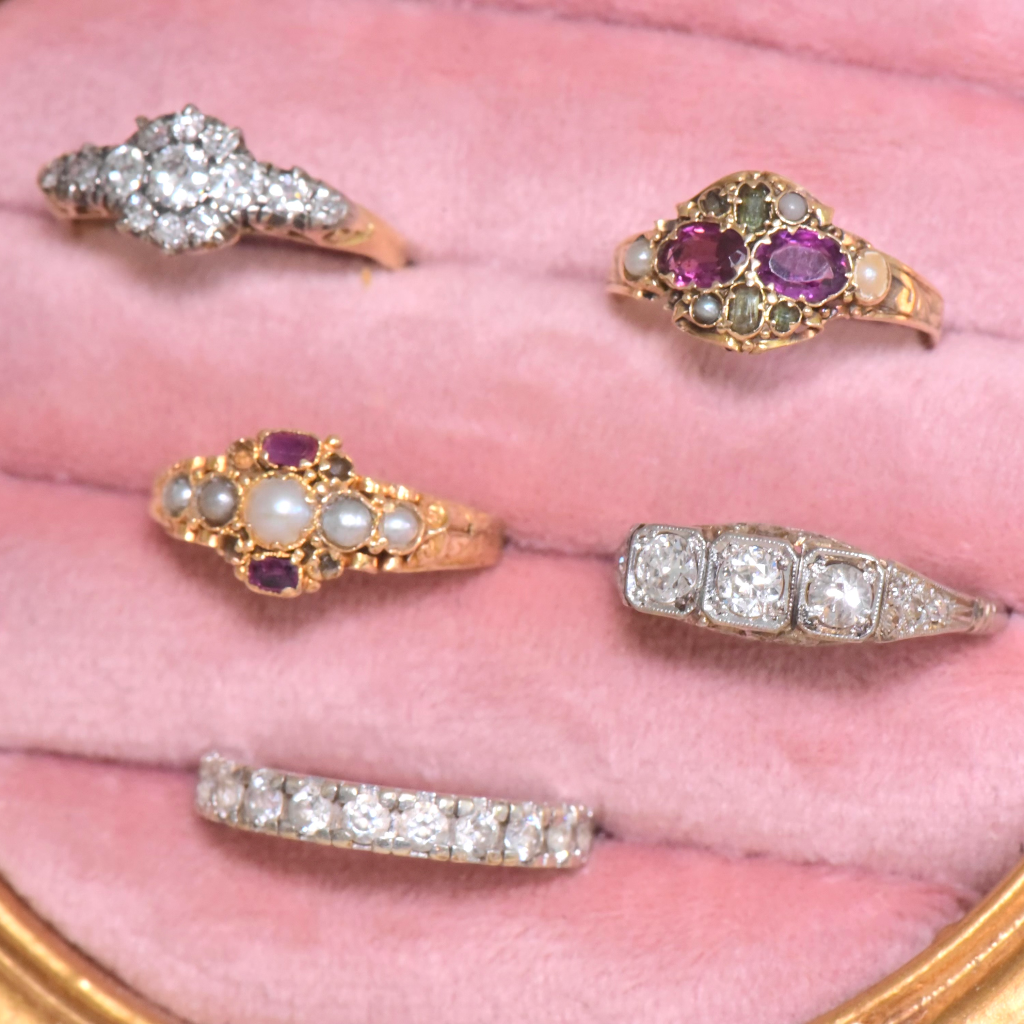 Antique Victorian 15ct Rose Gold Garnet, Emerald And Seed Pearl Ring - Birmingham 1870