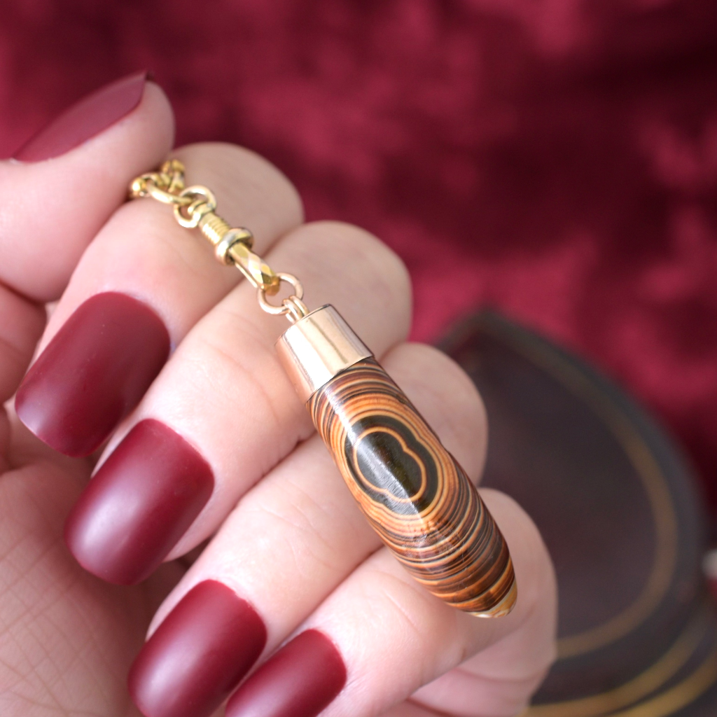 Antique Australian 9ct Rose Gold And Banded Agate Fob Pendant By ‘CARIS’ Of Perth W.A. Circa 1910