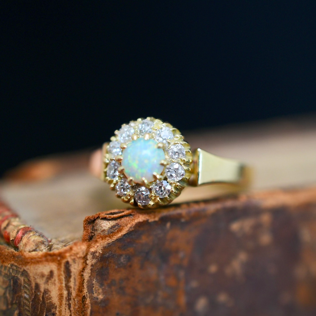 Antique Australian 18ct Yellow Gold Opal And Diamond Ring by P. Falk & Co. Circa 1915-20
