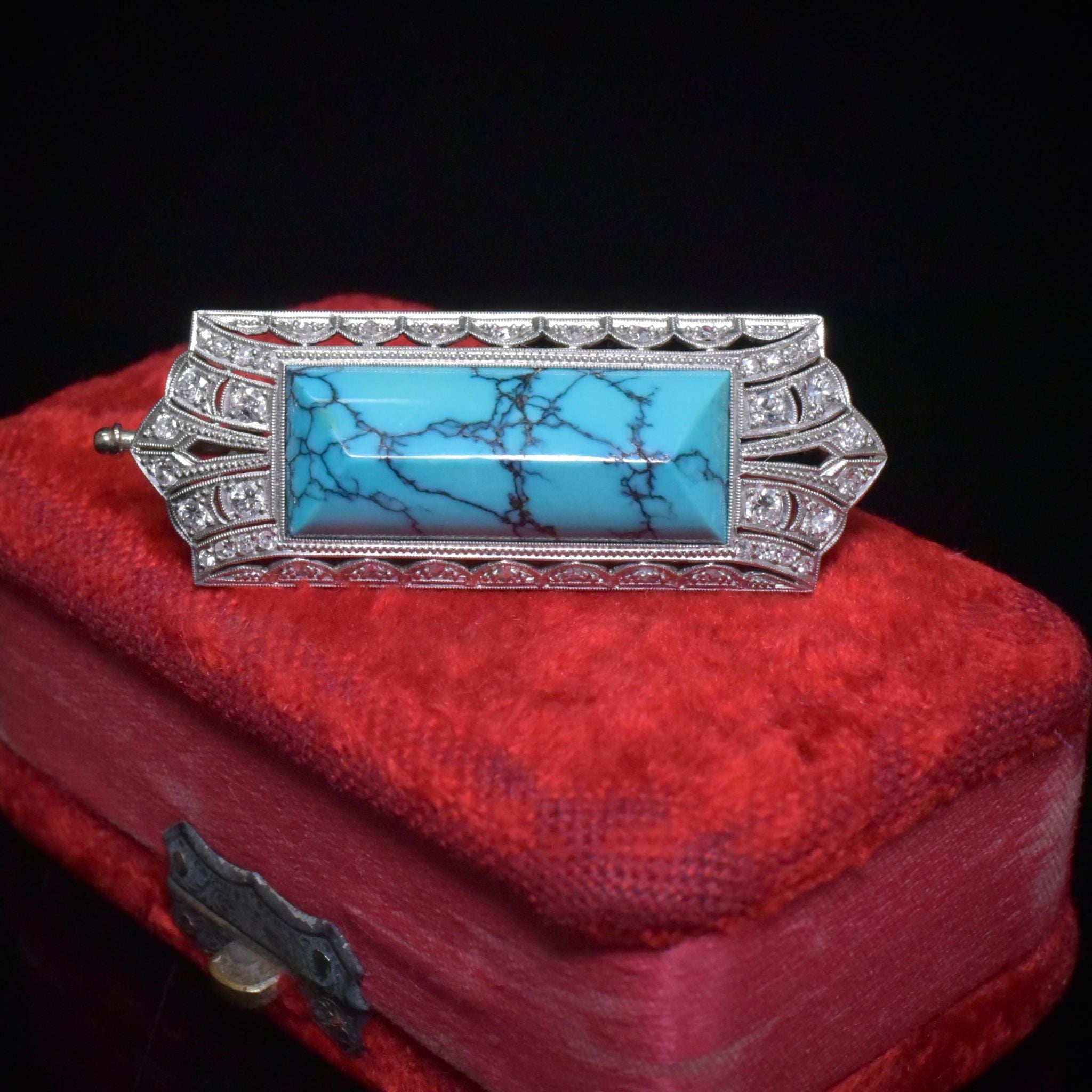Antique Art Deco 14ct White Gold Turquoise And Diamond Brooch Circa 1925 Independent Gemmological Valuation Included $6000 AUD